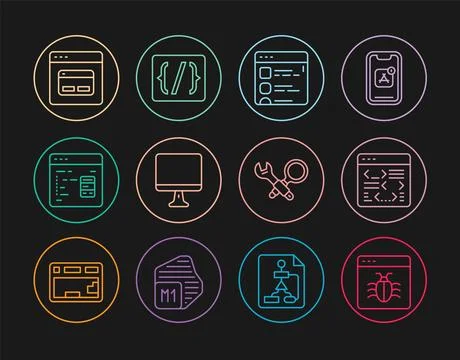 Set line System bug, Software, Browser files, Computer monitor screen, Sear.. 스톡 일러스트