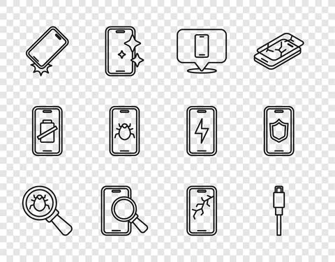 Set line System bug, USB cable cord, Phone repair service, Shockproof phone イラスト素材