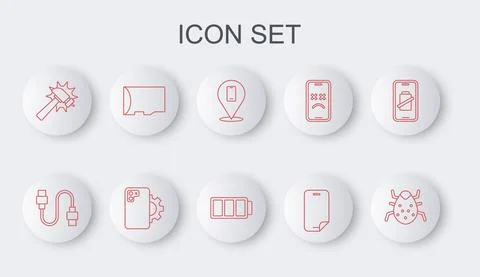 Set line System bug, USB cable cord, Phone repair service, Glass screen 库存插图