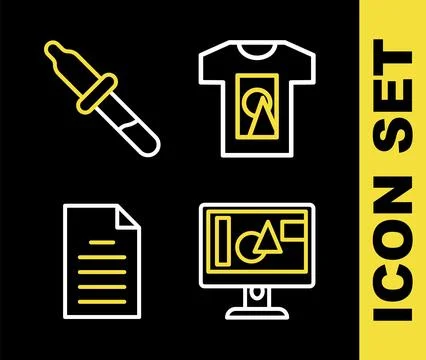Set line T-shirt, Computer monitor screen, File document and Pipette icon. .. Stock Illustration