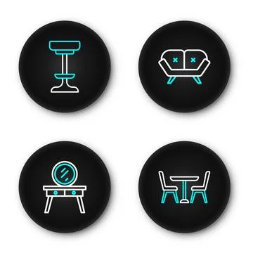 Set line Table with chair, Dressing table, Sofa and Chair icon. Vector Stock Illustration