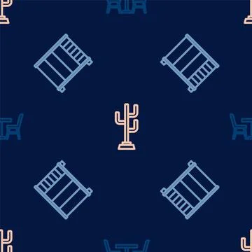 Set line Table with chair, Wardrobe and Coat stand on seamless pattern. Vector Stock Illustration