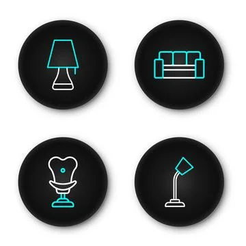 Set line Table lamp, Armchair, Sofa and  icon. Vector Stock Illustration