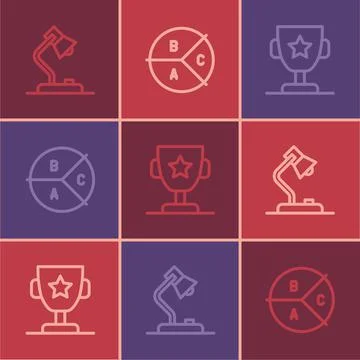 Set line Table lamp, Award cup and Pie chart infographic icon. Vector Stock Illustration