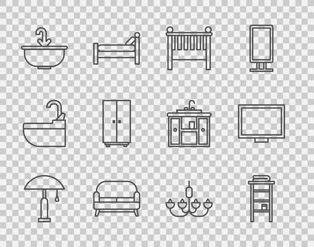 Set line Table lamp, Bathroom rack with shelves for towels, Baby crib cradl.. Stock Illustration