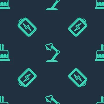 Set line Table lamp, Battery and Cake with burning candles on seamless patter イラスト素材