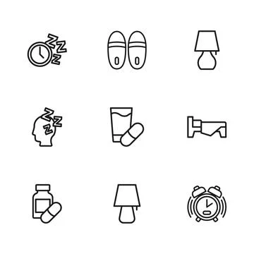 Set line Table lamp, Bed, Alarm clock, Sleeping pill, Slippers and Dreams i.. Ilustración de archivo