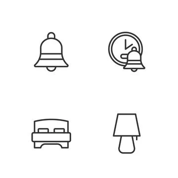 Set line Table lamp, Big bed, Ringing bell and Alarm clock icon. Vector Ilustración de archivo