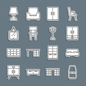 Set line Table lamp, Big bed, Wardrobe, Chair, Mirror,  and Coat stand icon.. Stock Illustration
