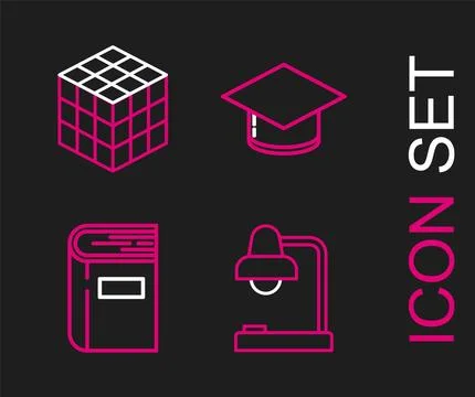Set line Table lamp, Book, Graduation cap and Rubik cube icon. Vector Illustrazione stock