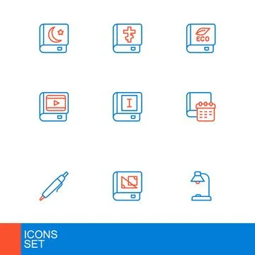 Set line Table lamp, Book about geometry, Pen, Daily paper notepad, cinema,.. Stock Illustration