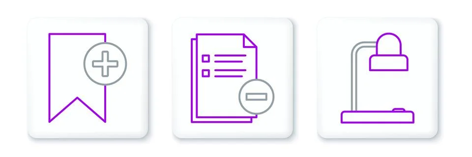 Set line Table lamp, Bookmark and Document with minus icon. Vector Stock Illustration