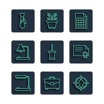 Set line Table lamp, Briefcase, Head hunting concept, File document, Push pin Stock Illustration