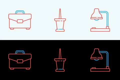 Set line Table lamp, Briefcase and Push pin icon. Vector 库存插图