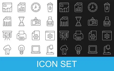 Set line Table lamp, Browser setting, Glue, Clock, Old hourglass, Paper shredder Stock Illustration