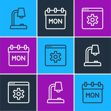 Set line Table lamp, Browser setting and Calendar icon. Vector Stock Illustration