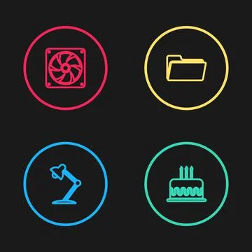 Set line Table lamp, Cake with burning candles, Folder and Computer cooler icon Illustrazione stock