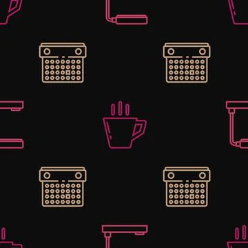 Set line Table lamp, Calendar and Coffee cup on seamless pattern. Vector イラスト素材