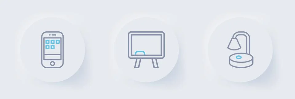 Set line Table lamp, Chalkboard and Smartphone icon. Vector Illustrazione stock