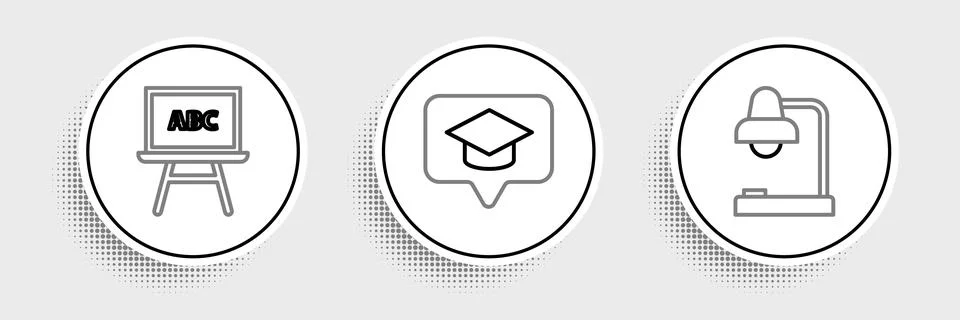 Set line Table lamp, Chalkboard and Graduation cap in speech bubble icon. V.. Stock Illustration