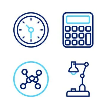 Set line Table lamp, Chemical formula, Calculator and Clock icon. Vector Stock Illustration