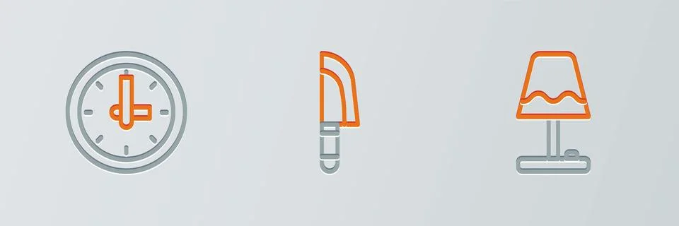 Set line Table lamp, Clock and Knife icon. Vector Stock Illustration
