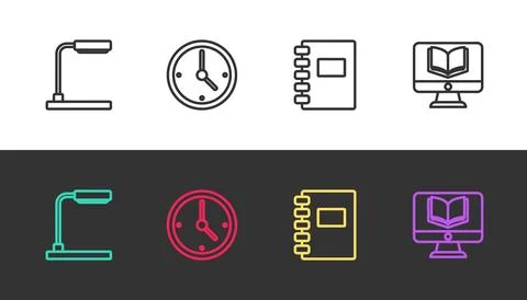 Set line Table lamp, Clock, Spiral notebook and Online class on black and white Stock Illustration