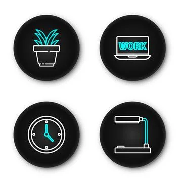 Set line Table lamp, Clock, Laptop with text work and Plant in pot icon. Vect イラスト素材