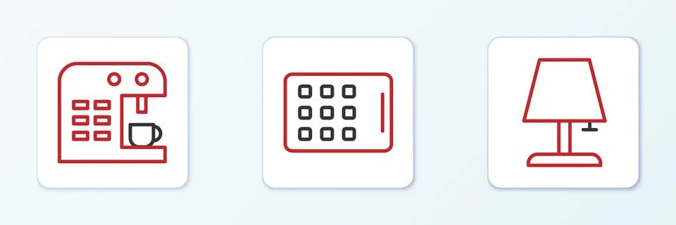 Set line Table lamp, Coffee machine and Graphic tablet icon. Vector Stock Illustration
