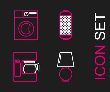 Set line Table lamp, Coffee machine with glass pot, Stereo speaker and Wash.. Stock Illustration