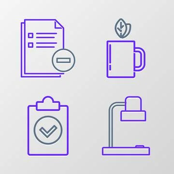 Set line Table lamp, Completed task, Cup of tea and leaf and Document with .. Stock Illustration