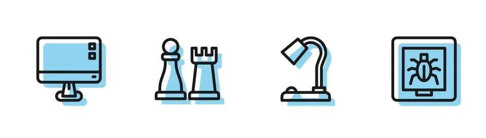 Set line Table lamp, Computer monitor screen, Chess and Insects in frame icon Stockillustratie