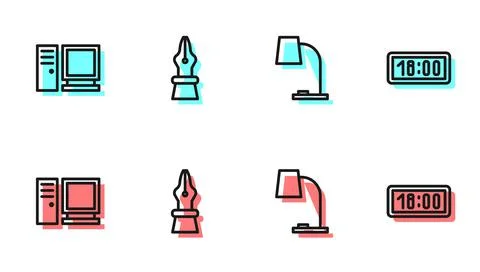 Set line Table lamp, Computer monitor, Fountain pen nib and Digital alarm clock Stock Illustration