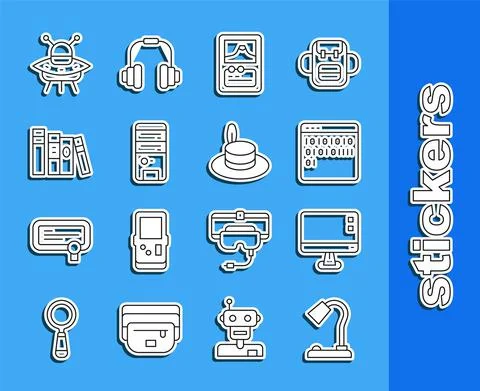 Set line Table lamp, Computer monitor screen, Binary code, Card game, Book, UFO Stock Illustration