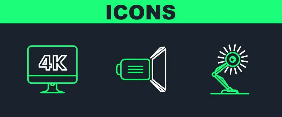 Set line Table lamp, Computer PC monitor with 4k video technology and Movie.. Illustrazione stock