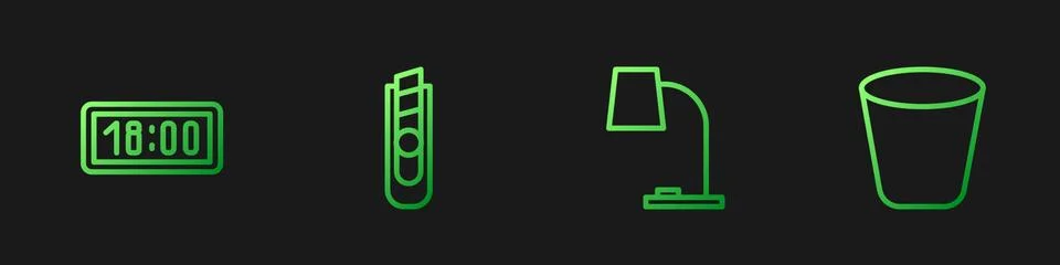 Set line Table lamp, Digital alarm clock, Stationery knife and Trash can Illustrazione stock