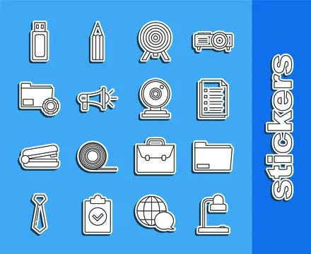 Set line Table lamp, Document folder, File document, Target, Megaphone, Folder Stock Illustration