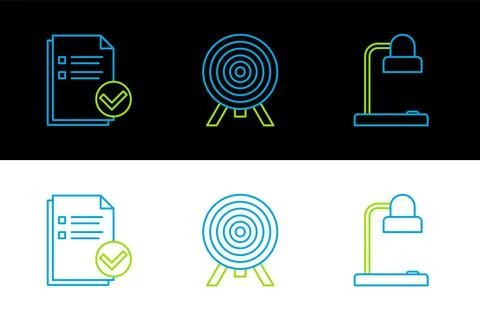 Set line Table lamp, Document and check mark and Target icon. Vector 库存插图
