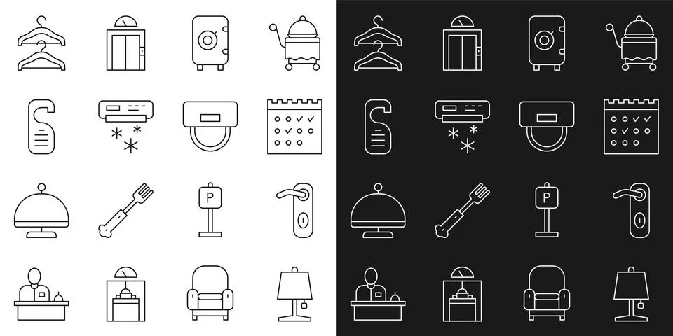 Set line Table lamp, Door handle, Hotel booking calendar, Safe, Air conditioner Illustration