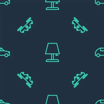 Set line Table lamp, Drone flying and Car on seamless pattern. Vector 스톡 일러스트