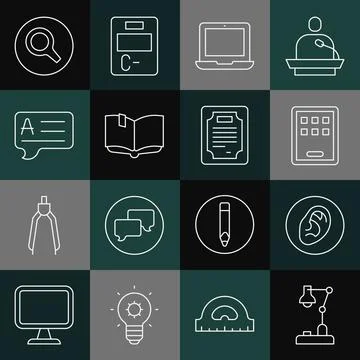 Set line Table lamp, Ear listen sound signal, Graphic tablet, Laptop, Open bo Stock Illustration
