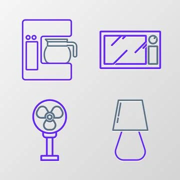 Set line Table lamp, Electric fan, Microwave oven and Coffee machine with g.. Stock Illustration
