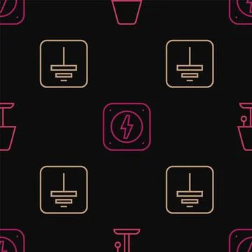 Set line Table lamp, Electrical symbol ground and Lightning bolt on seamless Illustrazione stock