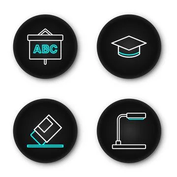 Set line Table lamp, Eraser or rubber, Graduation cap and Chalkboard icon. .. Stock Illustration