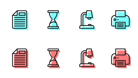 Set line Table lamp, File document, Old hourglass and Printer icon. Vector 스톡 일러스트