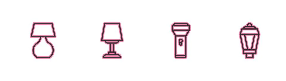 Set line Table lamp, Flashlight, and Garden icon. Vector Stock Illustration