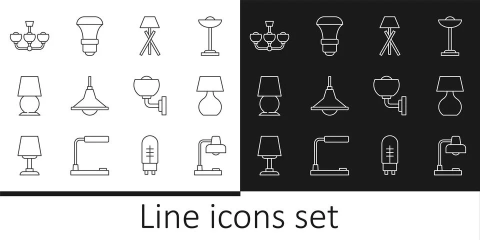 Set line Table lamp, Floor, Chandelier, Wall sconce and LED light bulb icon.  Stock Illustration