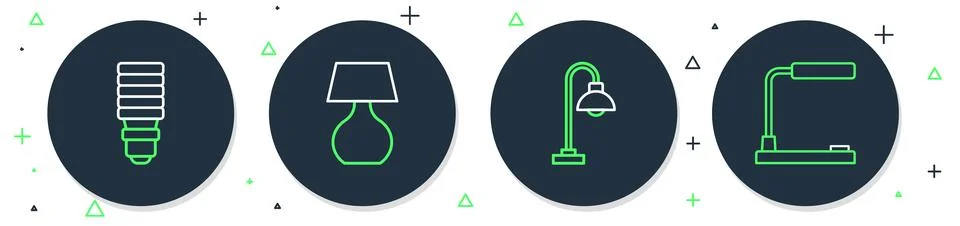 Set line Table lamp, Floor, LED light bulb and icon. Vector Illustrazione stock