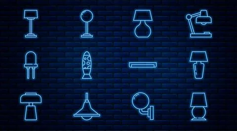 Set line Table lamp, Floor, Light emitting diode, Fluorescent and  icon. Vect Stock Illustration