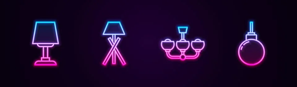 Set line Table lamp, Floor, Chandelier and Lamp hanging. Glowing neon icon... Stock Illustration